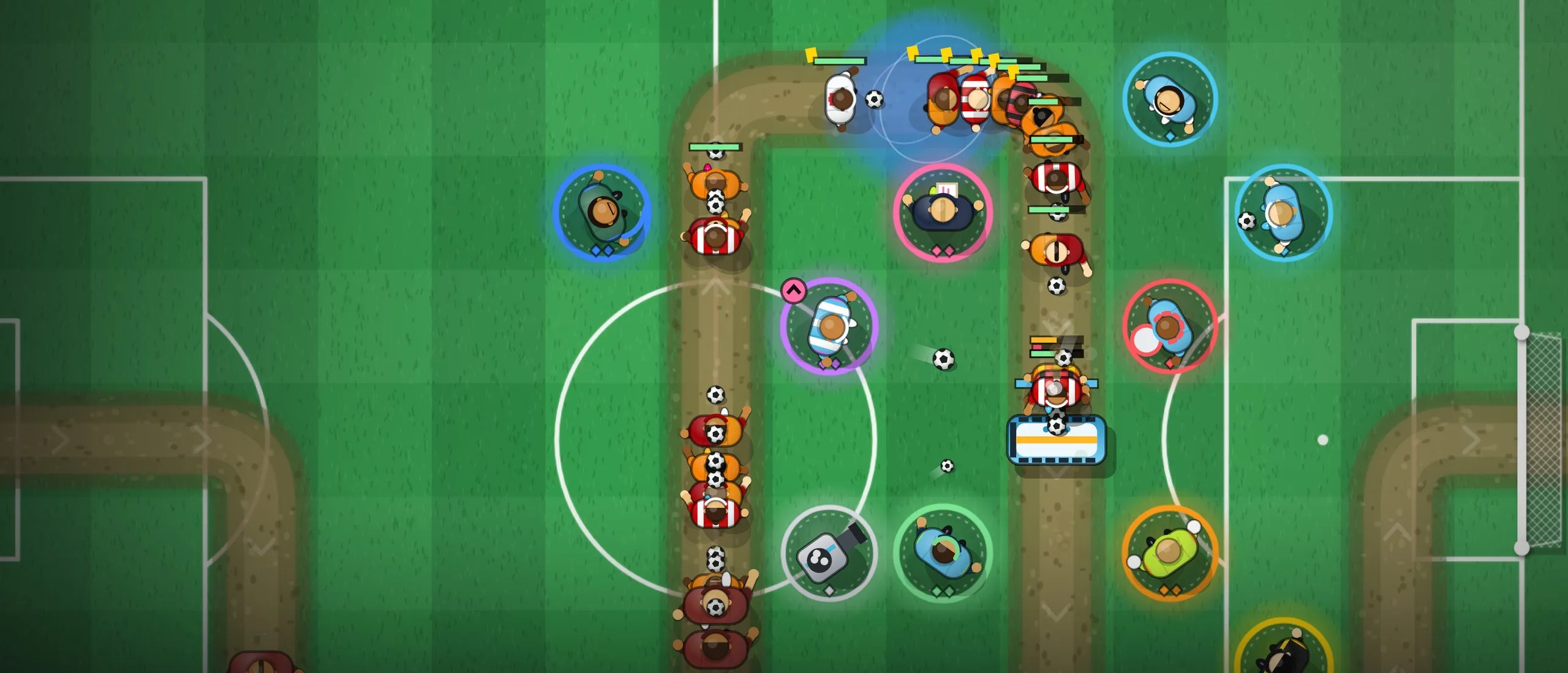 Top-down football pitch: a team bus is parked across a dirt channel, blocking a queue of attackers while defenders fire footballs at them.